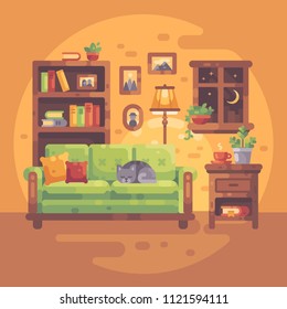 Comfortable room interior with books and a cat sleeping on a sofa, Cozy evening at home.