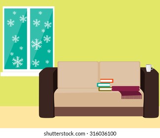 Comfortable room with a sofa and a window with snowflakes. Vector illustration

