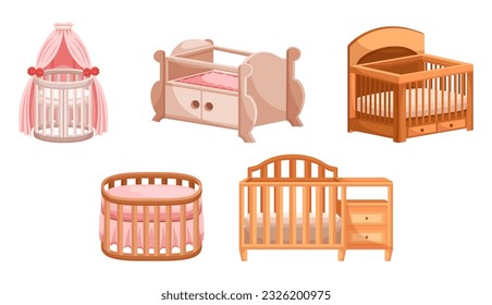 Comfortable And Secure Sleeping Spaces For Infants, Cribs Provide Safe Environment For Babies. With Adjustable Mattress Heights They Ensure Peaceful Nights For Little Ones. Cartoon Vector Illustration