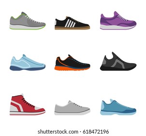 Comfortable shoes collection isolated on white background. Sportwear sneakers, everyday footwear clothing in flat style. High and low keds, footwear for sport and casual look vector illustration.