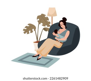 Comfortable sitting pose for breastfeeding, flat vector illustration isolated on white background. Mother feeding a baby with breast sitting in comfortable armchair.