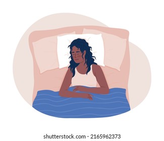 Comfortable sleeping on back 2D vector isolated illustration. Woman with peaceful face flat character on cartoon background. Cosy atmosphere. Colourful editable scene for mobile, website, presentation