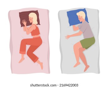 Comfortable sleeping positions 2D vector isolated illustration set. Relaxing on right side flat characters on cartoon background. colourful editable scene collection for mobile, website, presentation