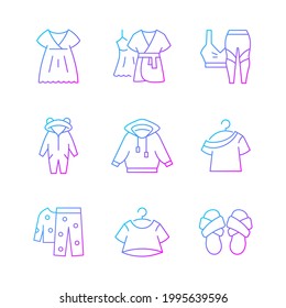 Comfortable sleepwear gradient linear vector icons set. Nightgown and dress for lounging. Sportswear for women. Thin line contour symbols bundle. Isolated vector outline illustrations collection