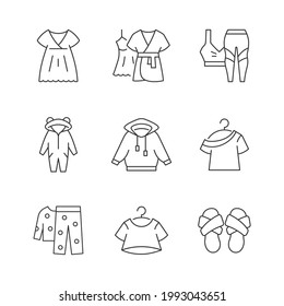 Comfortable sleepwear linear icons set. Nightgown and dress for lounging. Sportswear for women. Customizable thin line contour symbols. Isolated vector outline illustrations. Editable stroke