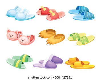 Comfortable slippers set, Soft textile footwear, flip flops shoes cartoon vector illustration