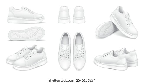 Comfortable sneakers design template realistic vector illustration set. Running shoes various perspectives 3d models on white background