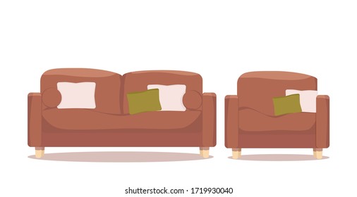 Comfortable sofa and armchair isolated on white background for interior design. Collection of sofa illustration