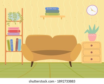 Comfortable sofa, bookcase and potted plant on the wall. Modern sofa place to relax. Living room furniture design, modern home interior elements. Contemporary furniture for living room or home office