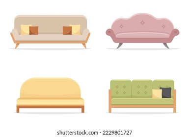 Cómoda colección de sofás para la oficina interior y el hogar. Vector de mobiliario moderno para habitación, ilustración de asiento cómodo