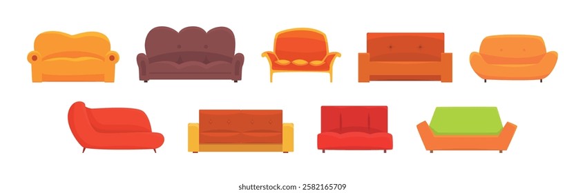 Comfortable Sofa and Couch as Apartment Furniture Vector Set