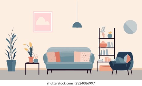 Comfortable sofa and decorating set in living room for book cover, ebook cover, greeting card, 
invitation card, reading book, writing book and sketch drawing book in flat wallpaper background vector