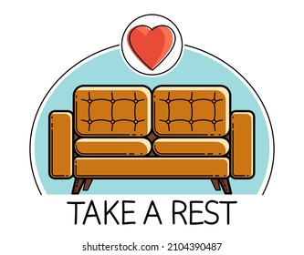 Comfortable sofa furniture vector emblem or icon isolated on white, soft couch daybed.