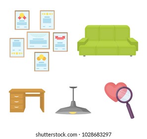 Comfortable sofa, letters and diplomas within the framework, an office ceiling lamp, a desk with drawers. Office Furniture set collection icons in cartoon style vector symbol stock illustration web.