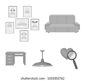 Comfortable sofa, letters and diplomas within the framework, an office ceiling lamp, a desk with drawers. Office Furniture set collection icons in monochrome style vector symbol stock illustration web