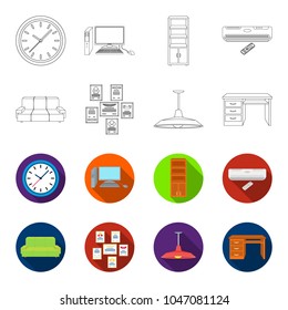 Comfortable sofa, letters and diplomas within the framework, an office ceiling lamp, a desk with drawers. Office Furniture set collection icons in outline,flet style vector symbol stock illustration