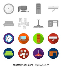 Comfortable sofa, letters and diplomas within the framework, an office ceiling lamp, a desk with drawers. Office Furniture set collection icons in monochrome,flat style vector symbol stock
