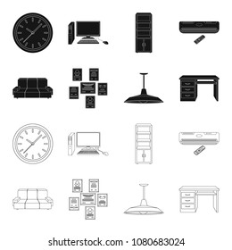 Comfortable sofa, letters and diplomas within the framework, an office ceiling lamp, a desk with drawers. Office Furniture set collection icons in black,outline style vector symbol stock illustration