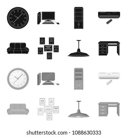 Comfortable sofa, letters and diplomas within the framework, an office ceiling lamp, a desk with drawers. Office Furniture set collection icons in black,monochrome style vector symbol stock