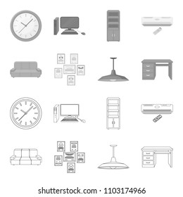 Comfortable sofa, letters and diplomas within the framework, an office ceiling lamp, a desk with drawers. Office Furniture set collection icons in outline,monochrome style vector symbol stock
