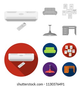 Comfortable sofa, letters and diplomas within the framework, an office ceiling lamp, a desk with drawers. Office Furniture set collection icons in monochrome,flat style vector symbol stock
