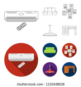 Comfortable sofa, letters and diplomas within the framework, an office ceiling lamp, a desk with drawers. Office Furniture set collection icons in outline,flat style vector symbol stock illustration