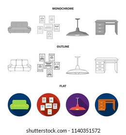 Comfortable sofa, letters and diplomas within the framework, an office ceiling lamp, a desk with drawers. Office Furniture set collection icons in flat,outline,monochrome style vector symbol stock