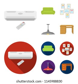 Comfortable sofa, letters and diplomas within the framework, an office ceiling lamp, a desk with drawers. Office Furniture set collection icons in cartoon,flat style vector symbol stock illustration