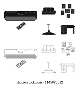Comfortable sofa, letters and diplomas within the framework, an office ceiling lamp, a desk with drawers. Office Furniture set collection icons in black,outline style vector symbol stock illustration