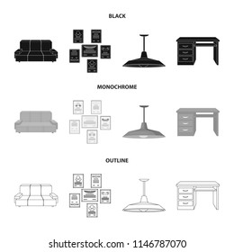 Comfortable sofa, letters and diplomas within the framework, an office ceiling lamp, a desk with drawers. Office Furniture set collection icons in black,monochrome,outline style vector symbol stock