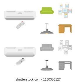 Comfortable sofa, letters and diplomas within the framework, an office ceiling lamp, a desk with drawers. Office Furniture set collection icons in cartoon,monochrome style vector symbol stock