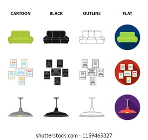 Comfortable sofa, letters and diplomas within the framework, an office ceiling lamp, a desk with drawers. Office Furniture set collection icons in cartoon,black,outline,flat style vector symbol stock