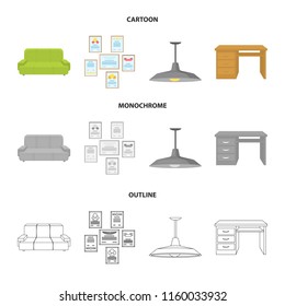 Comfortable sofa, letters and diplomas within the framework, an office ceiling lamp, a desk with drawers. Office Furniture set collection icons in cartoon,outline,monochrome style vector symbol stock