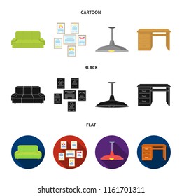 Comfortable sofa, letters and diplomas within the framework, an office ceiling lamp, a desk with drawers. Office Furniture set collection icons in cartoon,black,flat style vector symbol stock