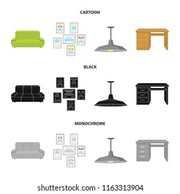 Comfortable sofa, letters and diplomas within the framework, an office ceiling lamp, a desk with drawers. Office Furniture set collection icons in cartoon,black,monochrome style vector symbol stock