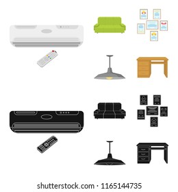 Comfortable sofa, letters and diplomas within the framework, an office ceiling lamp, a desk with drawers. Office Furniture set collection icons in cartoon,black style vector symbol stock illustration