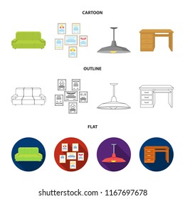 Comfortable sofa, letters and diplomas within the framework, an office ceiling lamp, a desk with drawers. Office Furniture set collection icons in cartoon,outline,flat style vector symbol stock