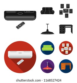 Comfortable sofa, letters and diplomas within the framework, an office ceiling lamp, a desk with drawers. Office Furniture set collection icons in black,flat style vector symbol stock illustration web
