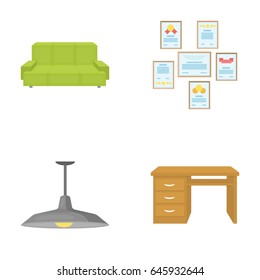 Comfortable sofa, letters and diplomas within the framework, an office ceiling lamp, a desk with drawers. Office Furniture set collection icons in cartoon style vector symbol stock illustration web.