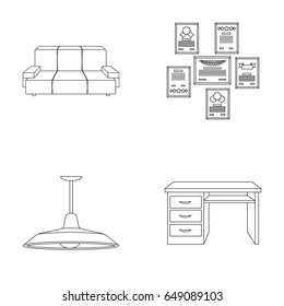Comfortable sofa, letters and diplomas within the framework, an office ceiling lamp, a desk with drawers. Office Furniture set collection icons in outline style vector symbol stock illustration web.