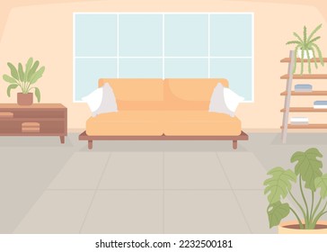 Comfortable sofa in living room flat color vector illustration. Stylish furnished apartment. Cozy place to rest. Fully editable 2D simple cartoon interior with window on background