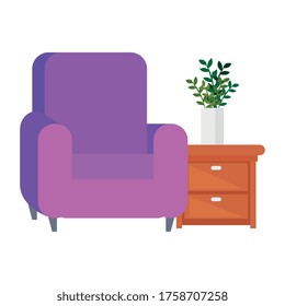 comfortable sofa, luxury couch, with wooden drawer, domestic couch furniture vector illustration design