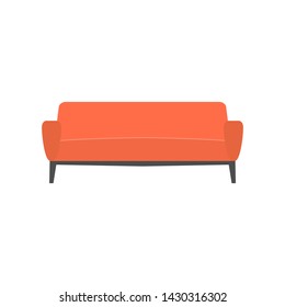 Comfortable sofa on white background. Isolated red couch lounge in interior. Flat cartoon style vector illustration