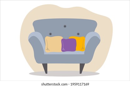 A comfortable sofa on a white background with three pillows. Isolated blue sofa living room in the interior. Vector icon