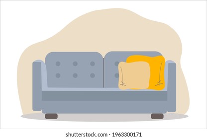 A comfortable sofa on a white background with two pillows. Isolated blue sofa living room in the interior. Vector icon