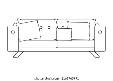 Comfortable sofa on white background (coloring, line art). Vector image.