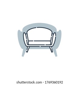 Comfortable sofa with one pillow. Flat illustration with settee on shape background. Modern stylish object for relaxation. Image of couch in line art style. Element furniture of the interior. Vector.