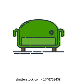 Comfortable sofa with one pillow. Image of couch in line art style. Element furniture of the interior. Modern stylish object for relaxation. Flat illustration with settee on white background. Vector.