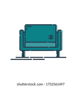 Comfortable sofa with one pillow. Image of couch in line art style. Element furniture of the interior. Modern stylish object for relaxation. Flat illustration with settee on white background. Vector.