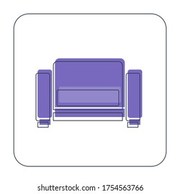 Comfortable sofa with one pillow. Image of couch in thin line art style. Element furniture of the interior. Modern stylish object for relaxation. Flat illustration with settee on white background.